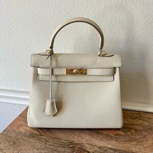 Cream White 28 Pebble Leather Top Handle Bag Satchel w/ Gold HW Dual Strap S16